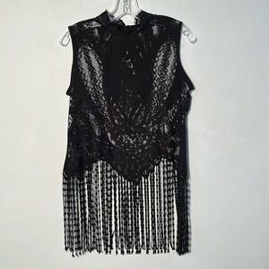 JOSEPH RIBKOFF Dark Fairy Party Goth Hi Neck Keyhole BLK Lace Long Fringe Top 8